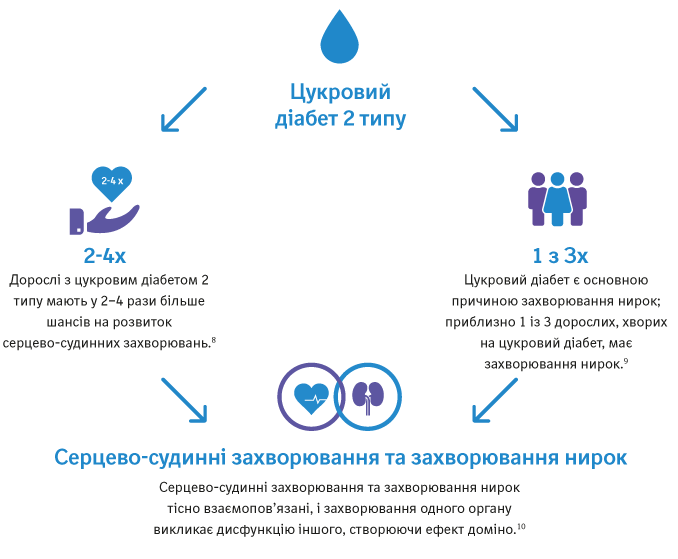 Ілюстрація зі статистикою, яка описує зв’язок між цукровим діабетом 2-го типу та захворюваннями серця і нирок. Протидія діабету